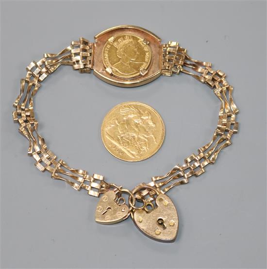 A 1/20 ounce gold angel in 9ct gold bracelet mount and a 1902 half sovereign.